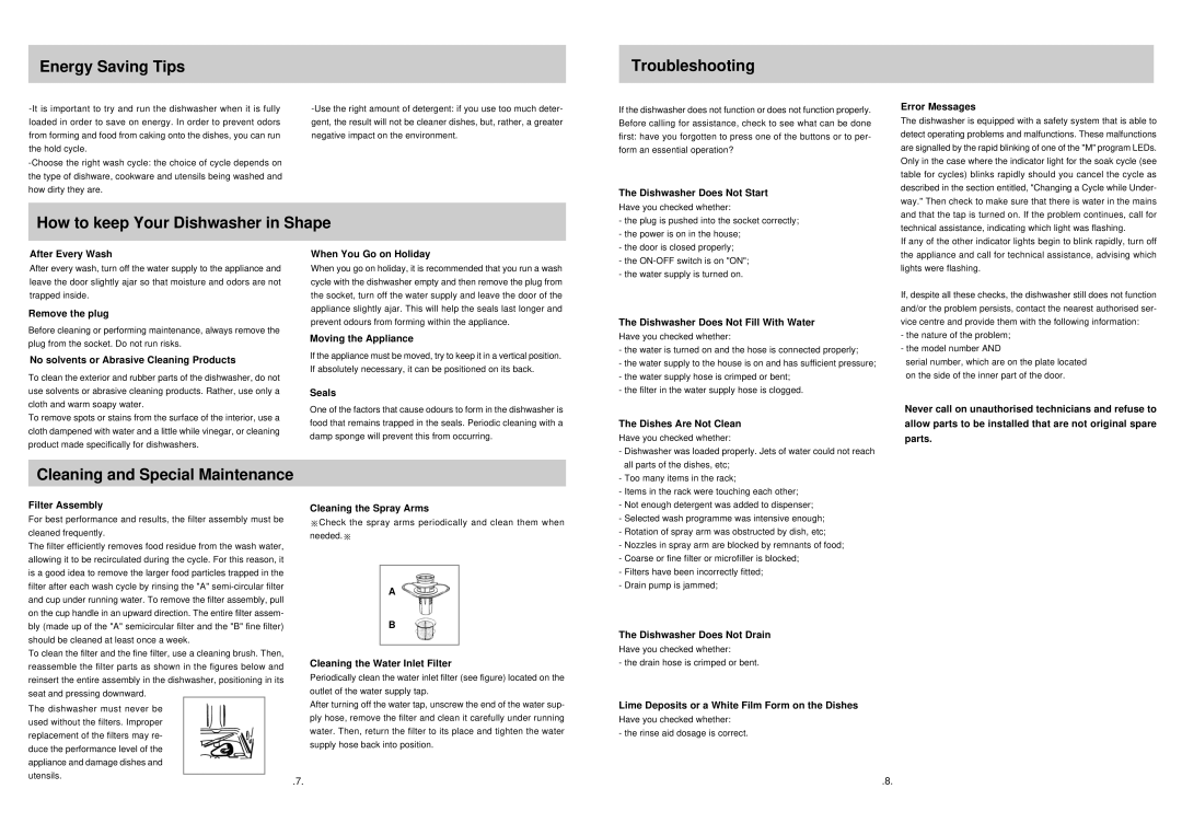 Haier WQP12-CFESS manual Energy Saving Tips Troubleshooting, How to keep Your Dishwasher in Shape 