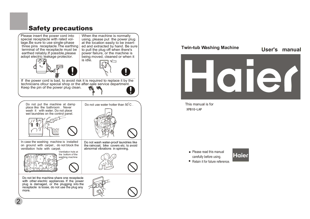 Haier XPB10-LAP user manual Safety precautions, Twin-tub Washing Machine 