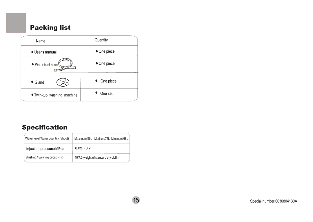 Haier XPB10-LAP user manual Packing list, Specification 