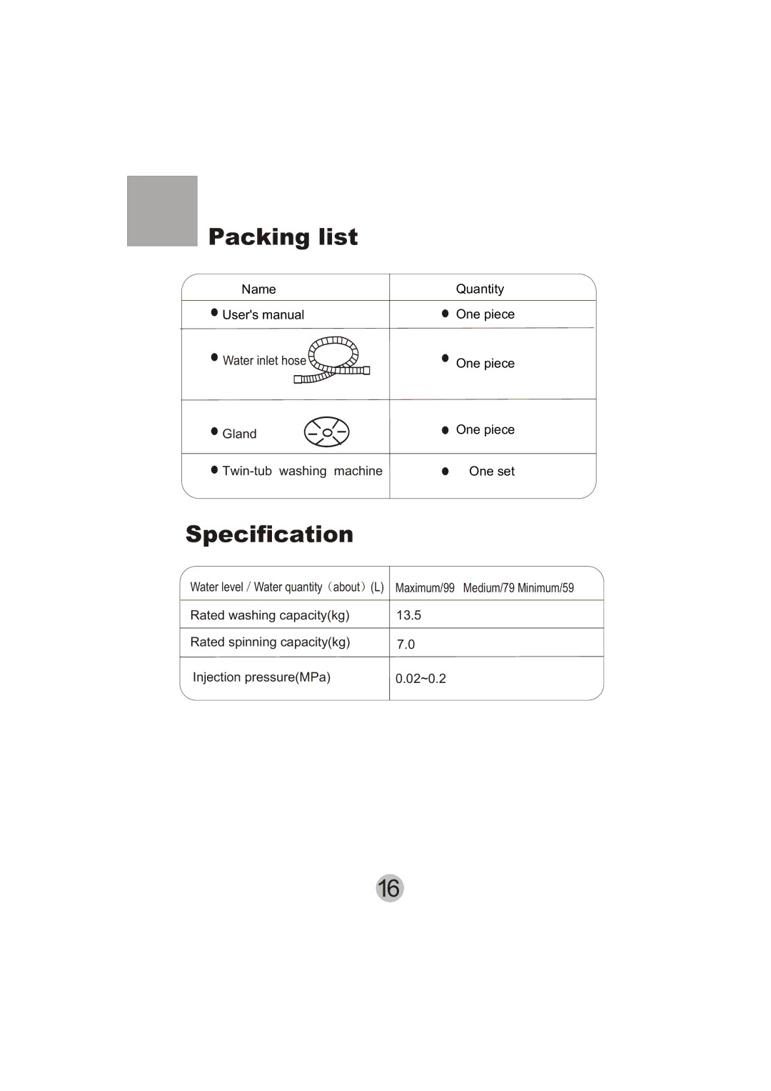 Haier XPB135-LA user manual Packing list, Specification 