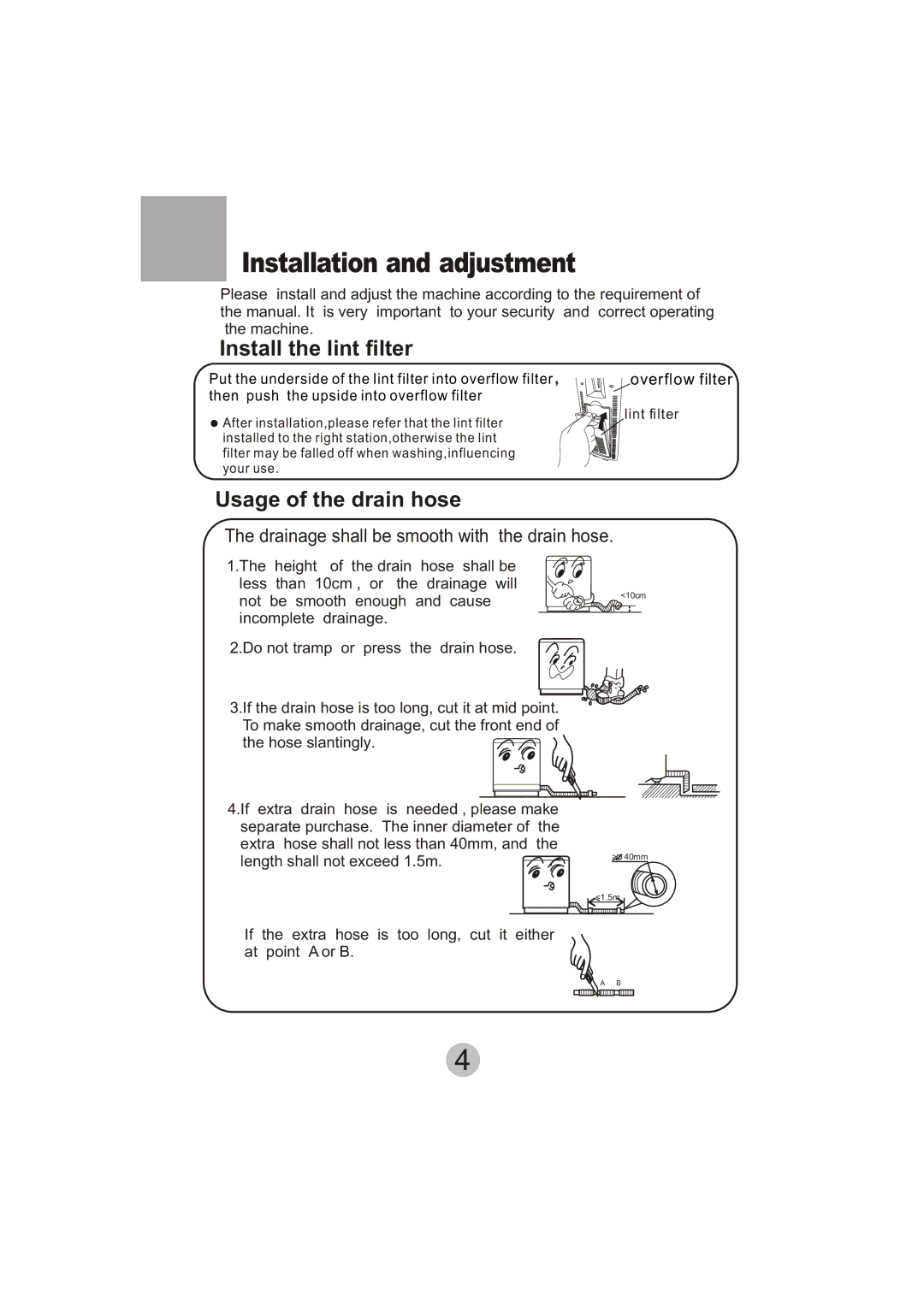 Haier XPB135-LA user manual Installation and adjustment, Install the lint filter 