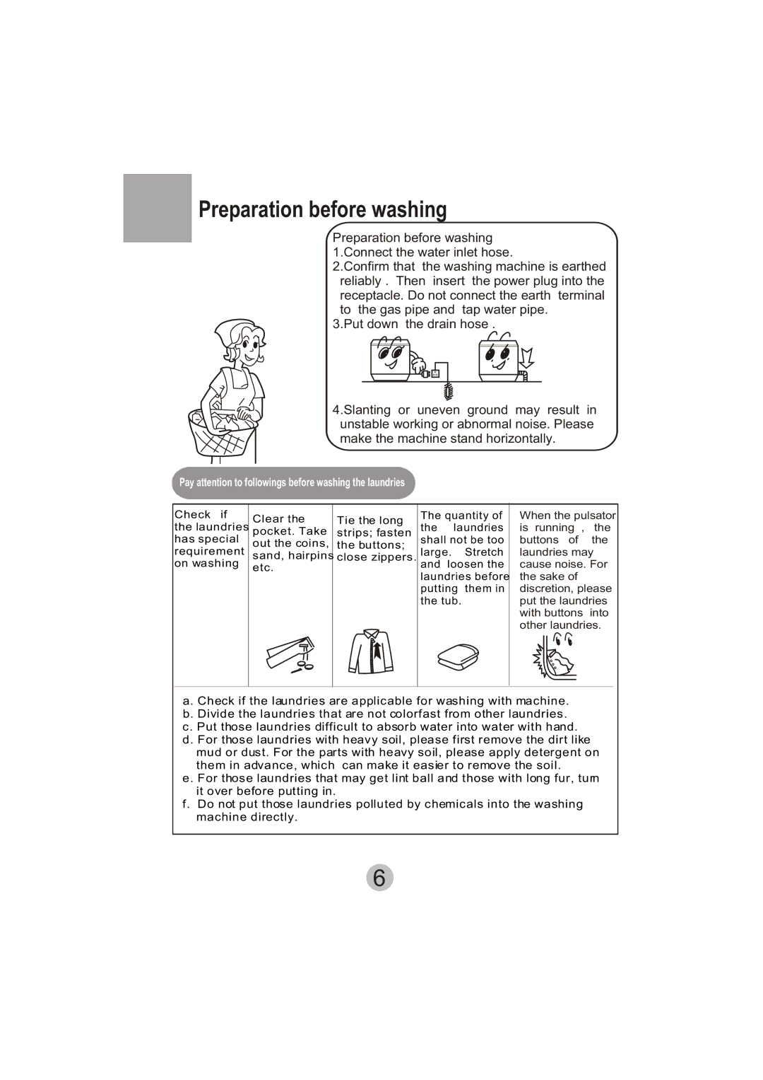 Haier XPB135-LA user manual Preparation before washing, Pay attention to followings before washing the laundries 