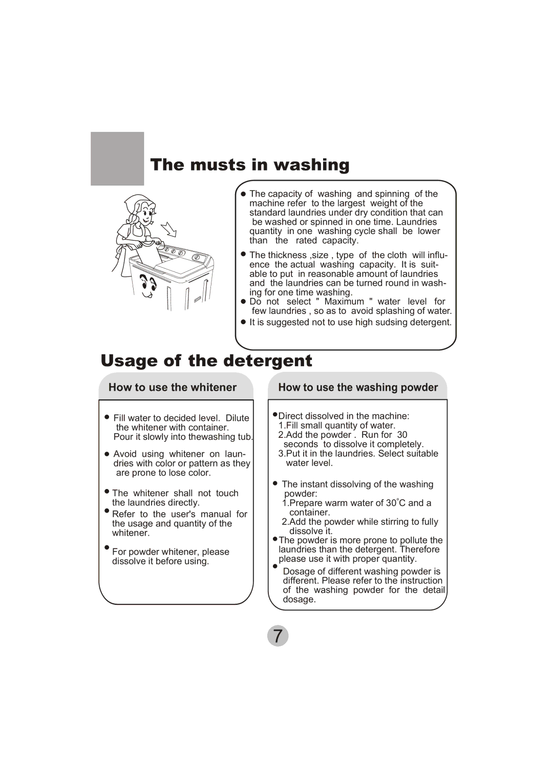 Haier XPB135-LA user manual Musts in washing, Usage of the detergent 