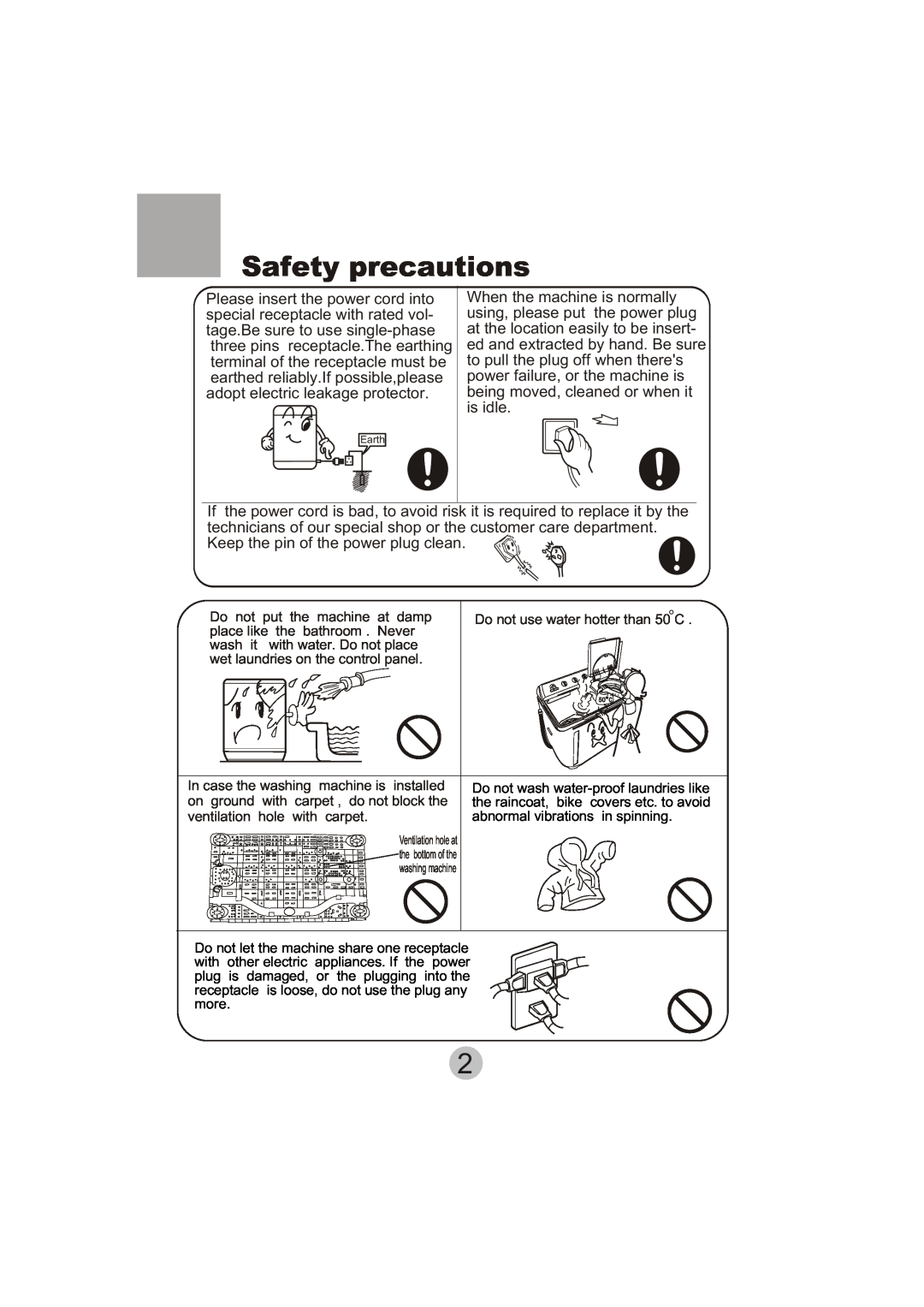 Haier XPB135-LA user manual Safety precautions, Do not use water hotter than 50 C, place like, with water. Do not place 