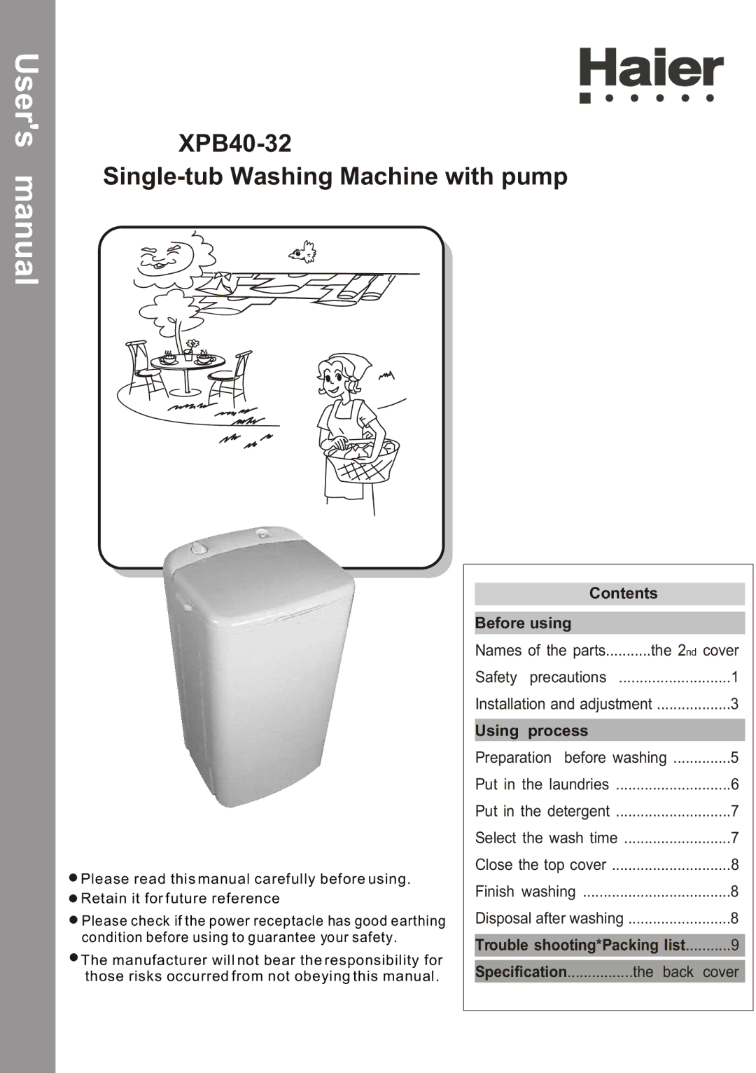 Haier user manual XPB40-32 Single-tub Washing Machine with pump 