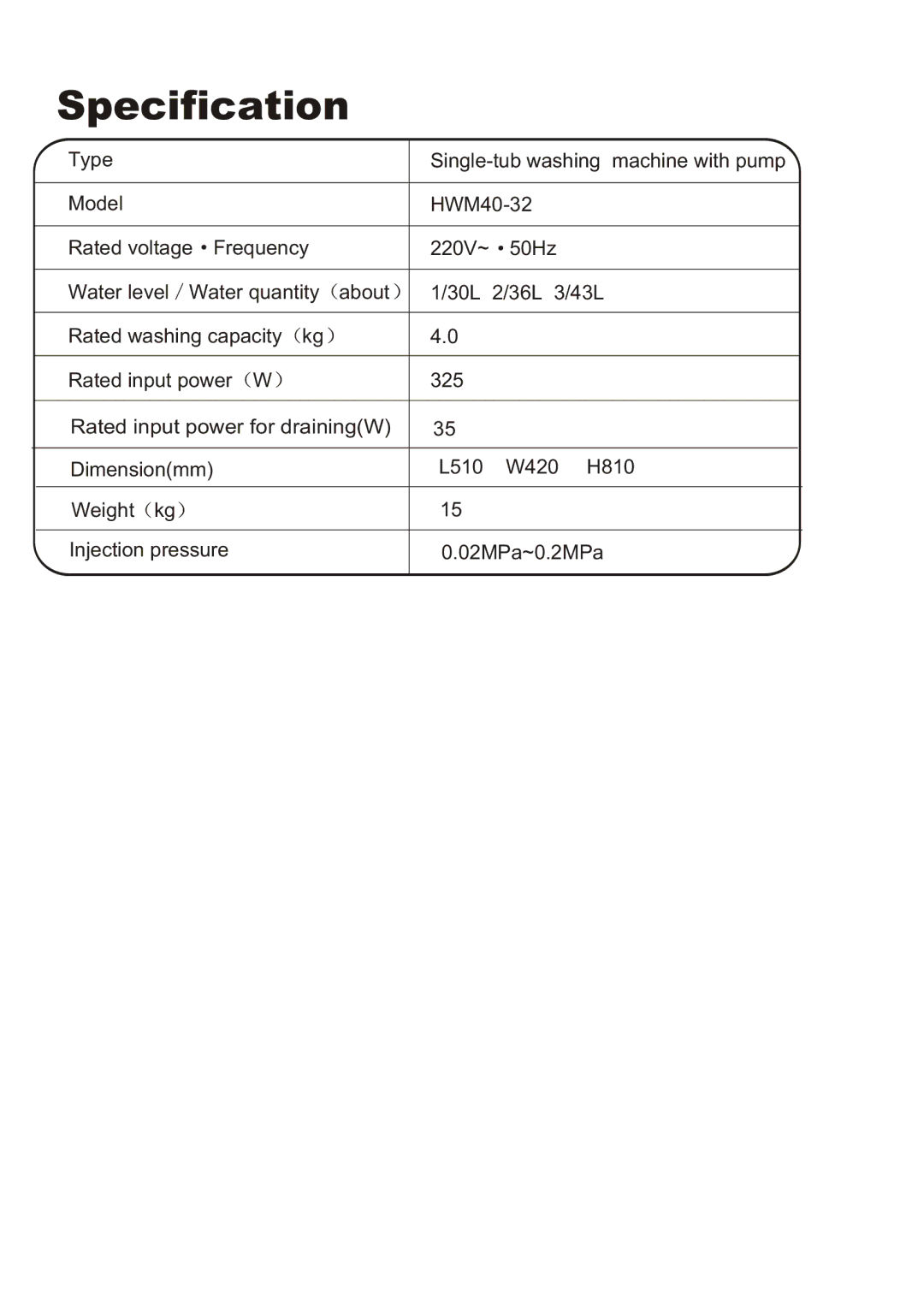 Haier XPB40-32 user manual Specification 