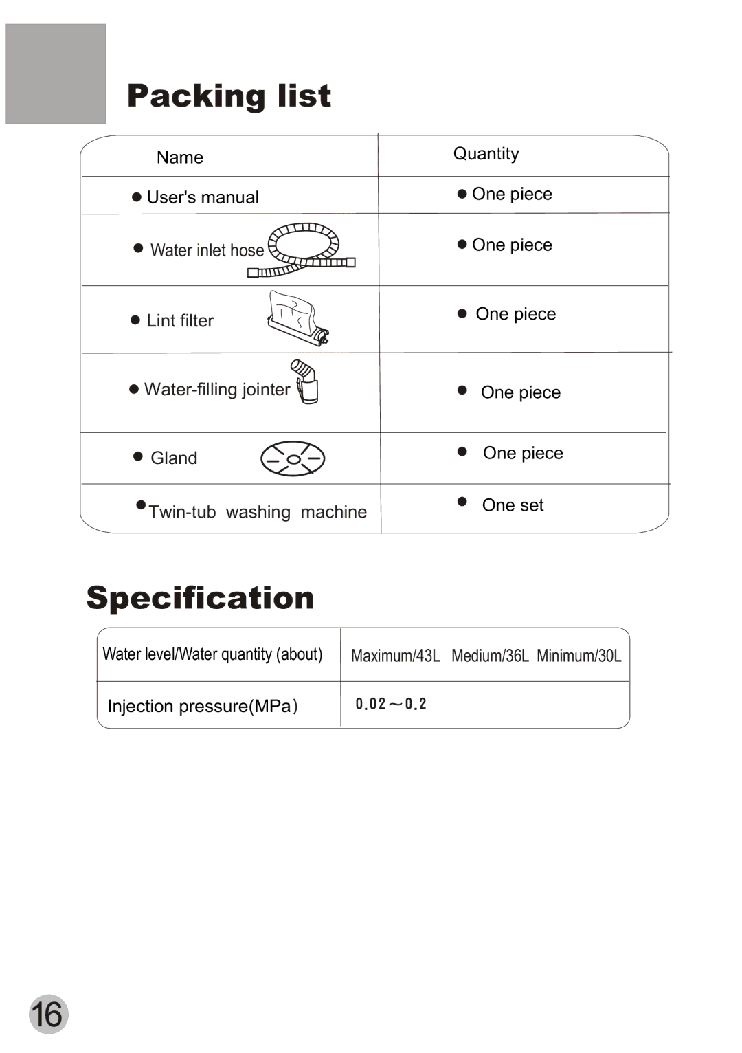 Haier XPB50-ASP user manual Packing list, Specification 