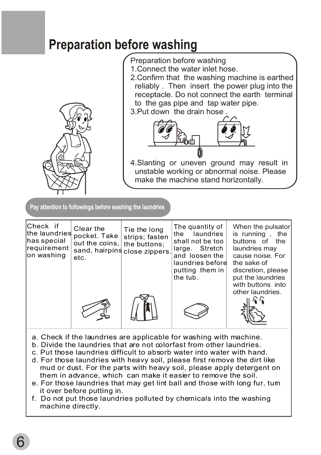 Haier XPB50-ASP user manual Preparation before washing, Pay attention to followings before washing the laundries 