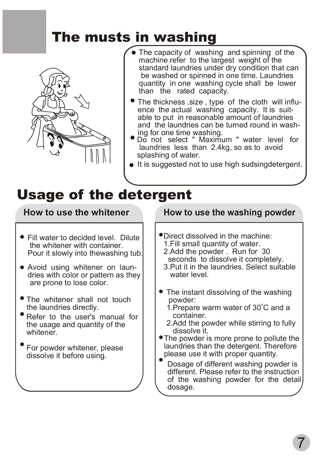 Haier XPB50-ASP user manual Musts in washing, Usage of the detergent 