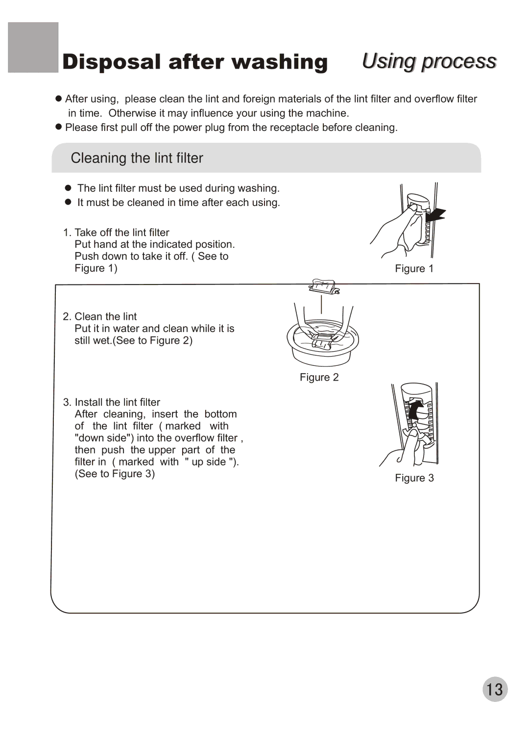 Haier XPB50-AS, XPB50-BS user manual Disposal after washing Using process, Cleaning the lint filter 