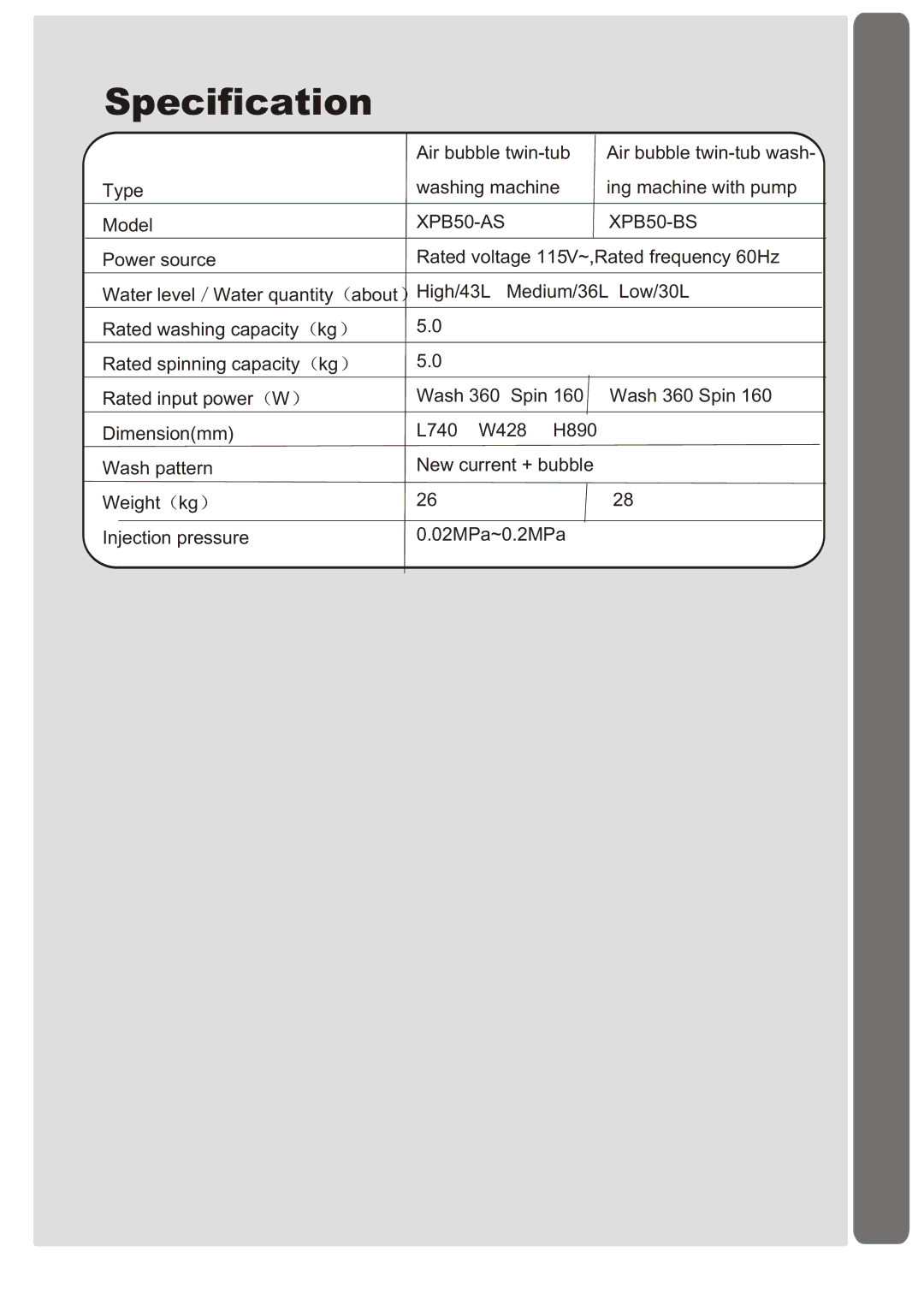 Haier user manual Specification, XPB50-AS XPB50-BS 