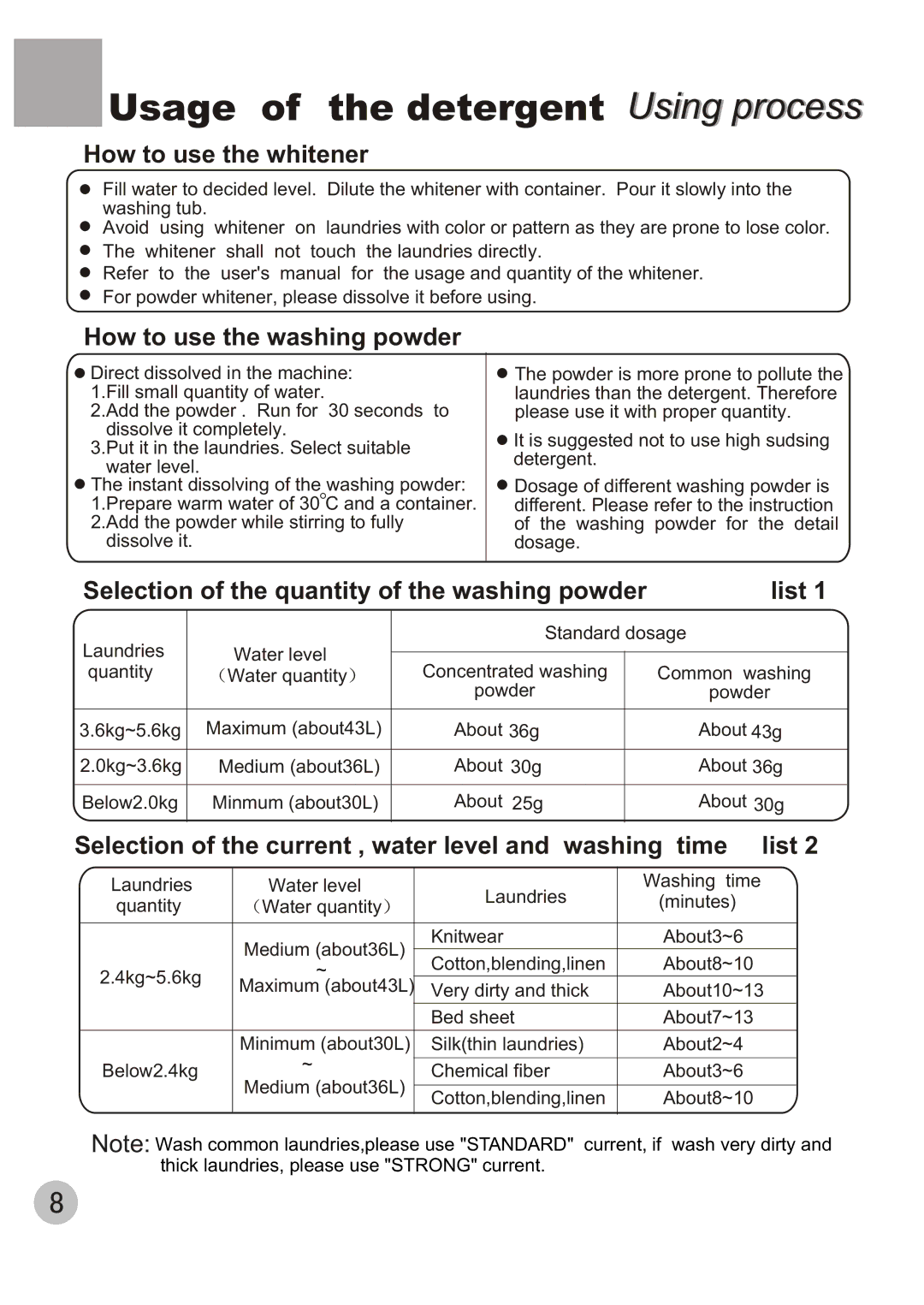 Haier XPB56-23S user manual Usage of the detergent Using process, How to use the whitener 