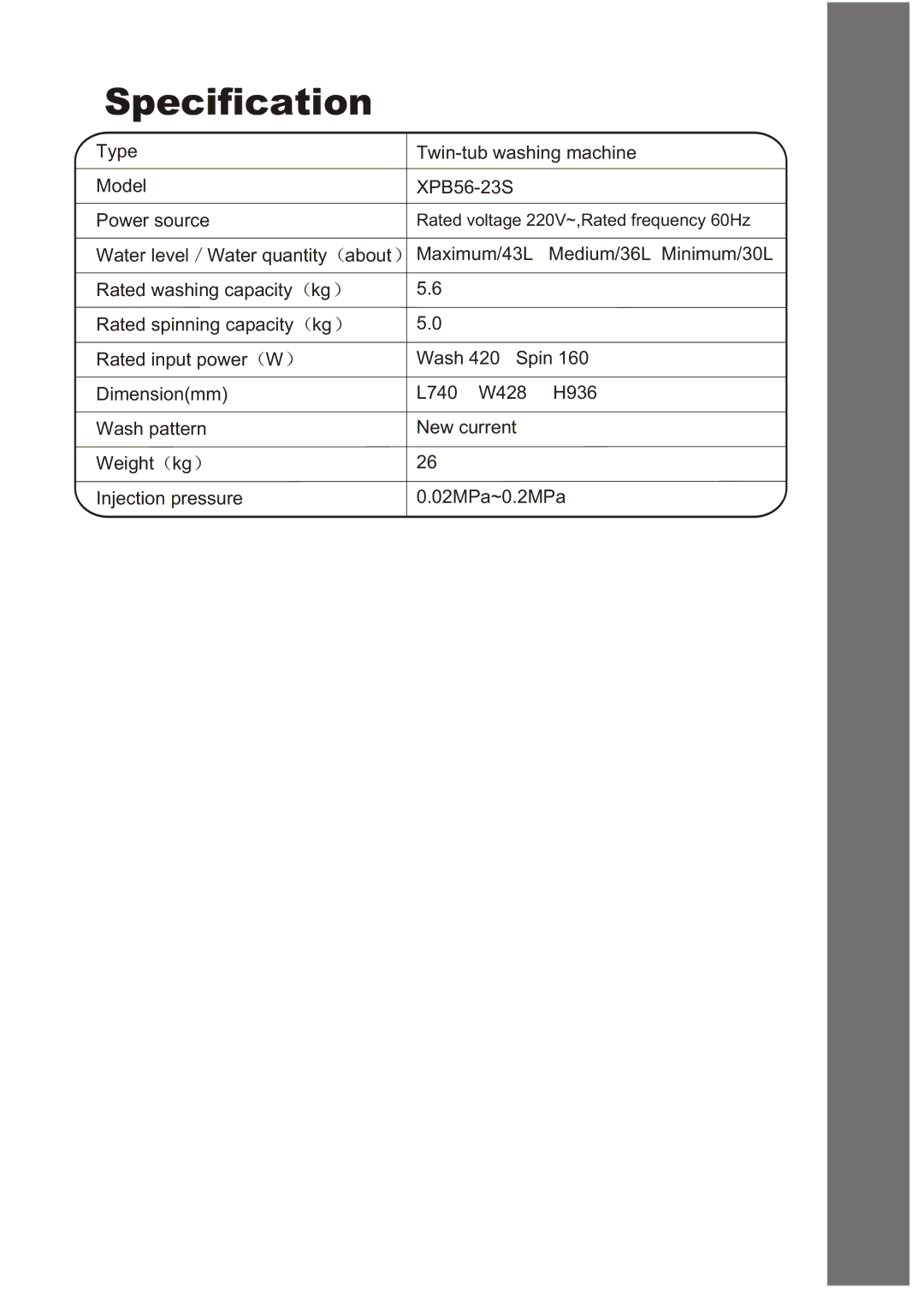 Haier XPB56-23S user manual Specification 