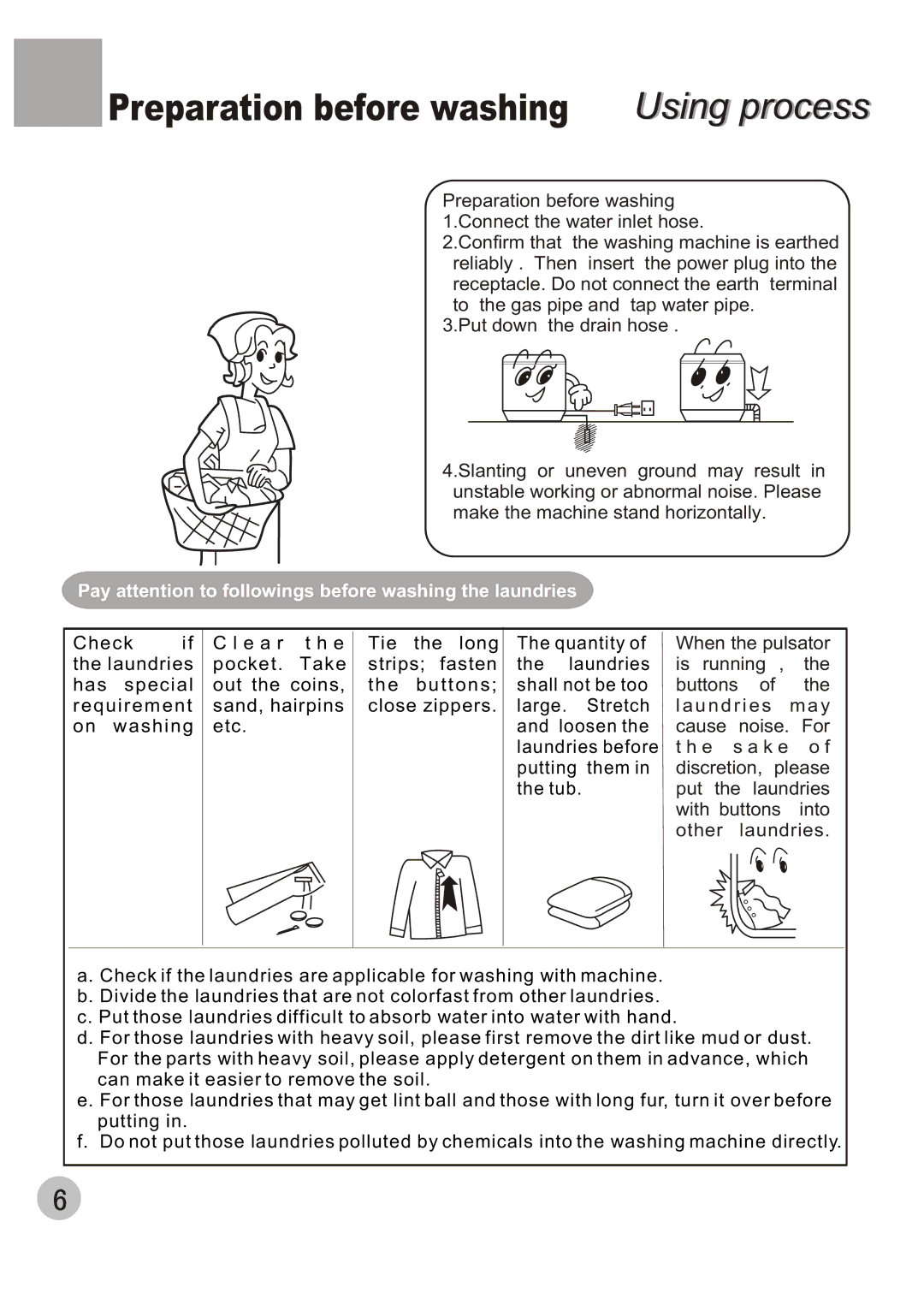 Haier XPB56-23S Preparation before washing Using process, Pay attention to followings before washing the laundries 