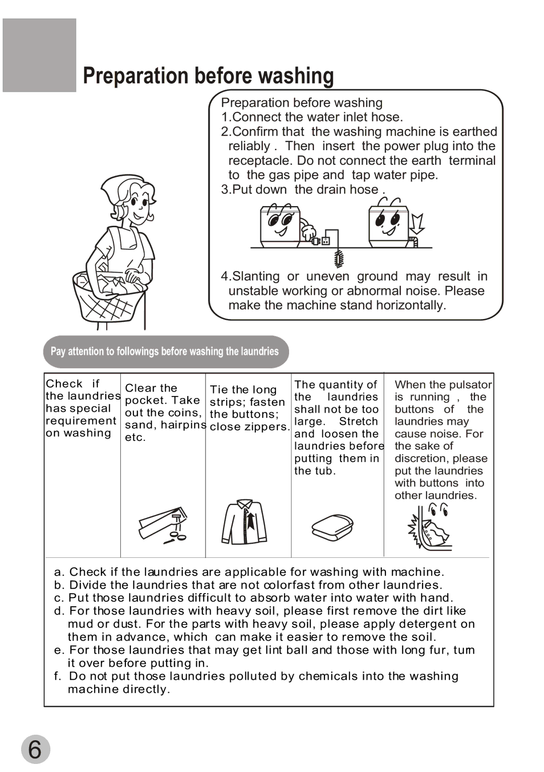 Haier XPB60-111S user manual Preparation before washing, Pay attention to followings before washing the laundries 