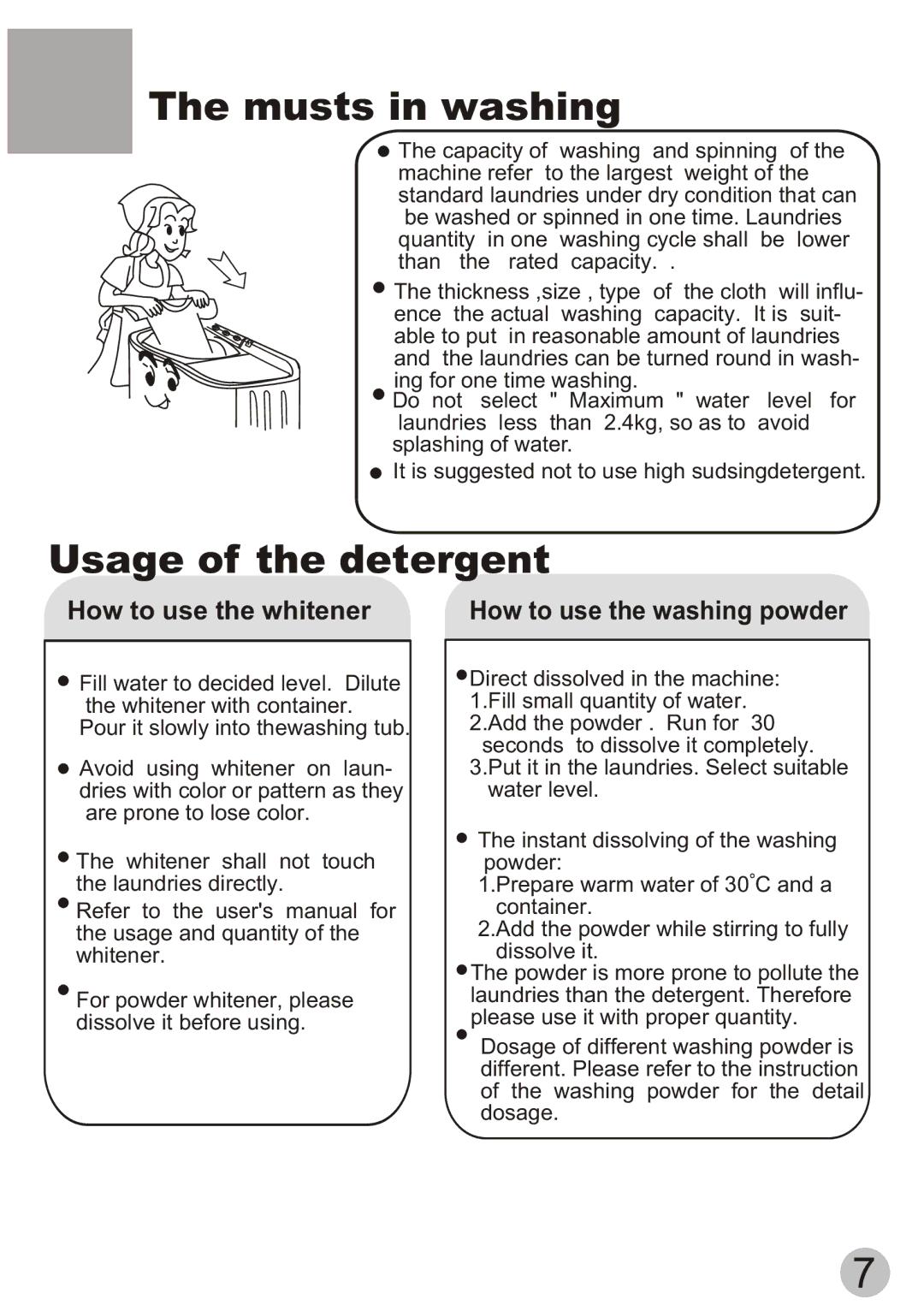 Haier XPB60-111S user manual Musts in washing, Usage of the detergent 