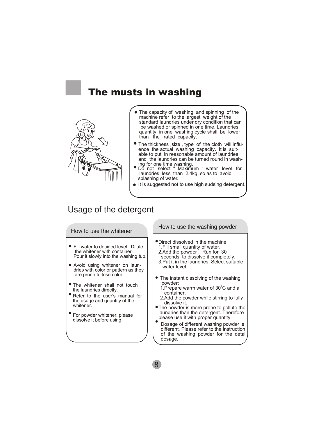 Haier XPB60-113S user manual Musts in washing, Usage of the detergent 