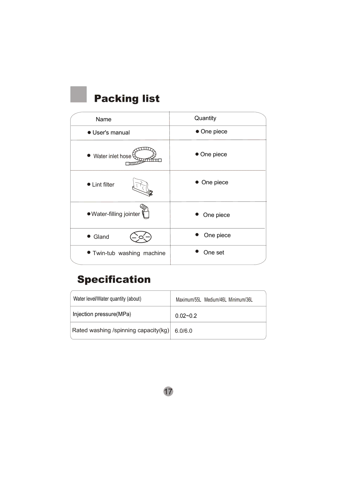 Haier XPB60-113S user manual Packing list, Specification 