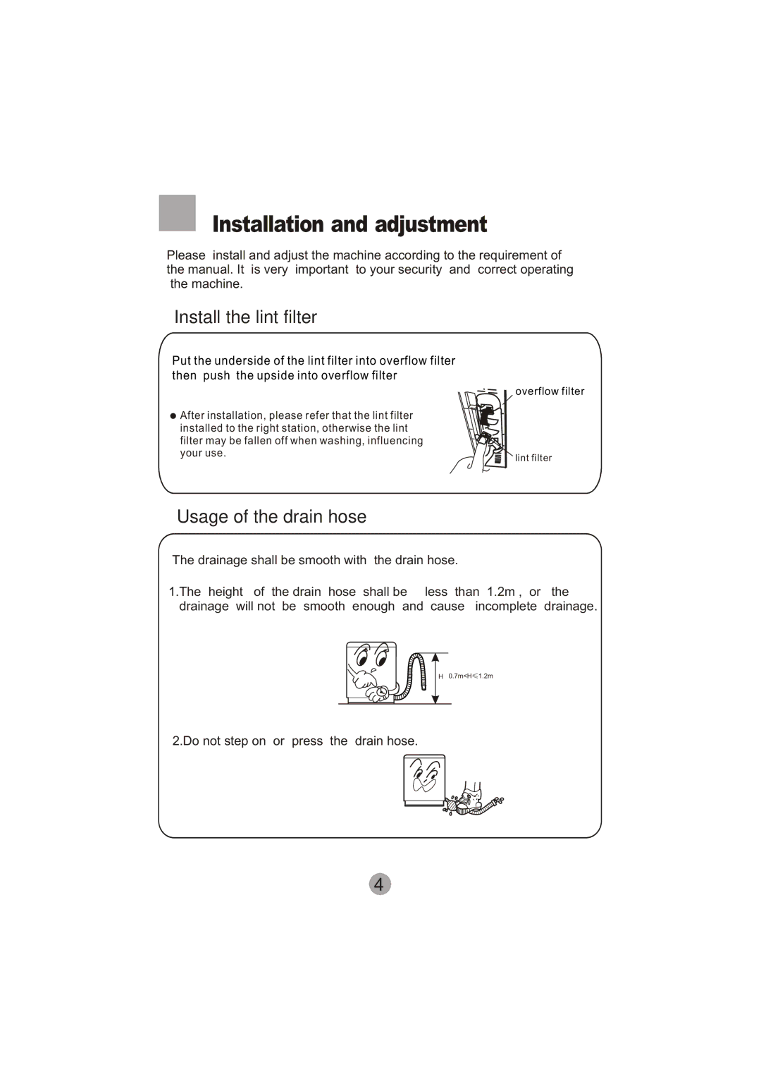 Haier XPB60-113S user manual Installation and adjustment, Install the lint filter, Usage of the drain hose 