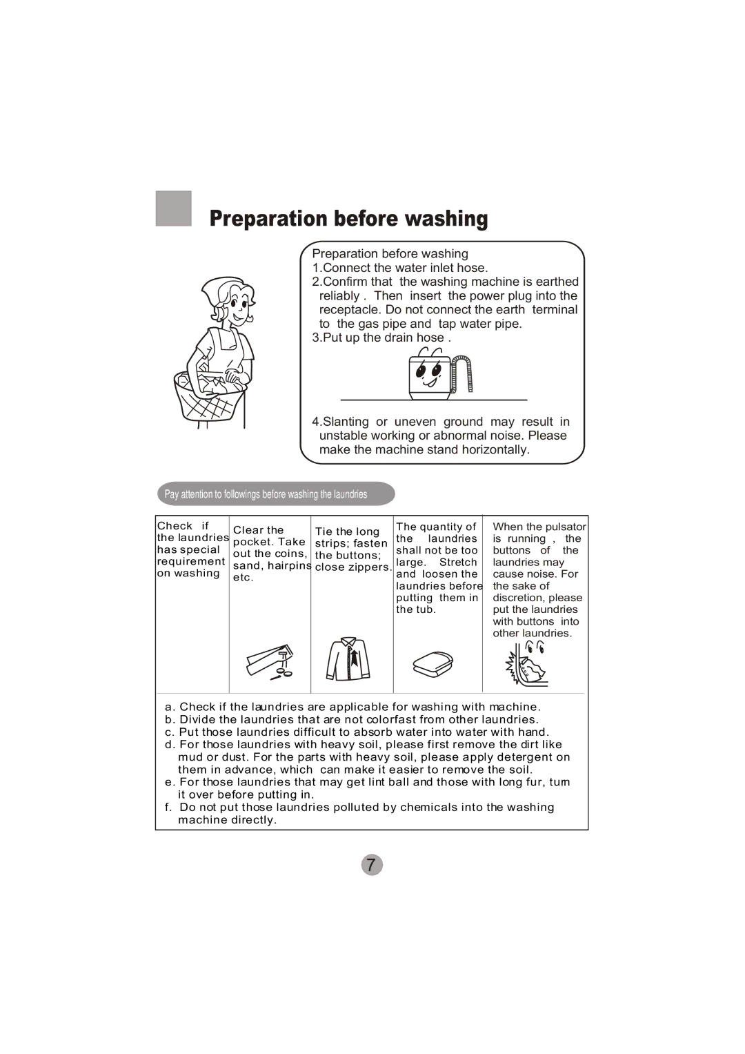 Haier XPB60-113S user manual Preparation before washing, Pay attention to followings before washing the laundries 