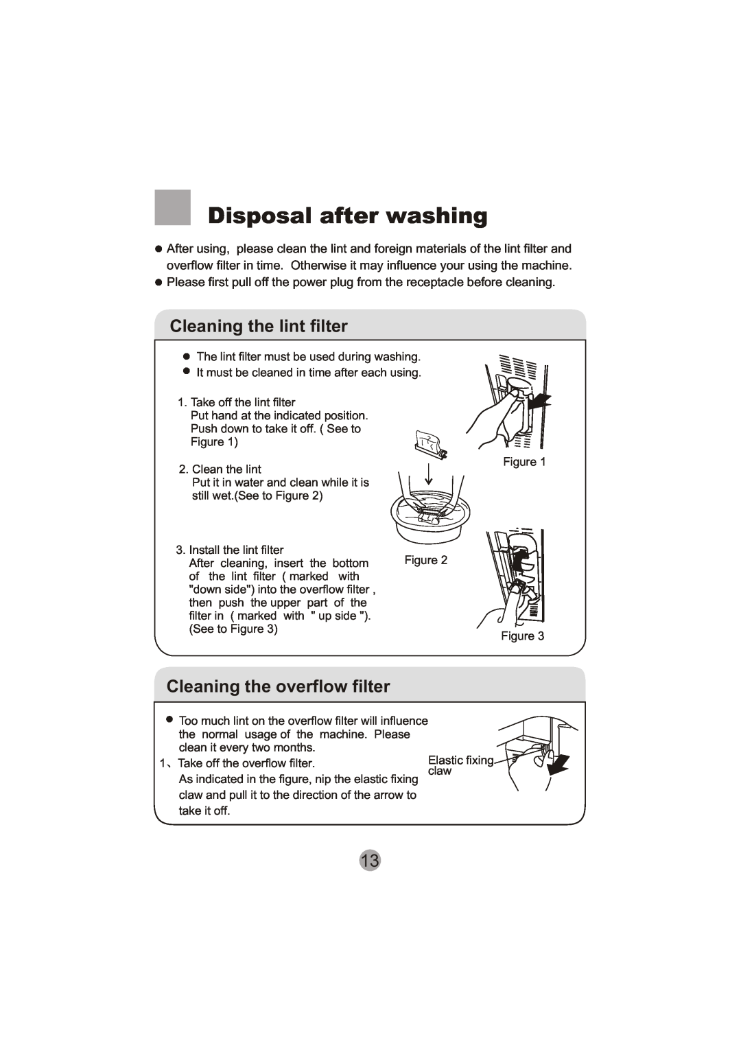 Haier XPB60-113S user manual Disposal after washing, Cleaning the lint filter, Cleaning the overflow filter 