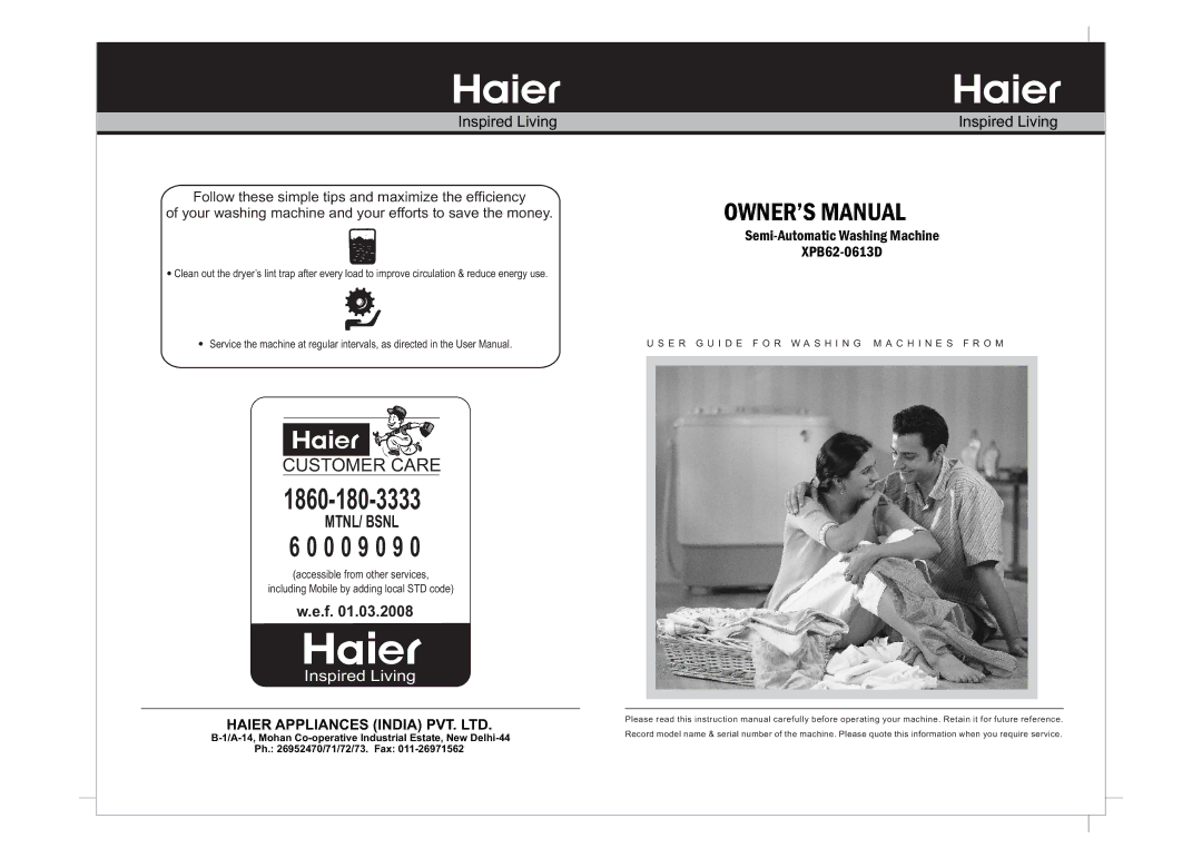 Haier XPB62-0613D instruction manual 0 0 9 0 9 