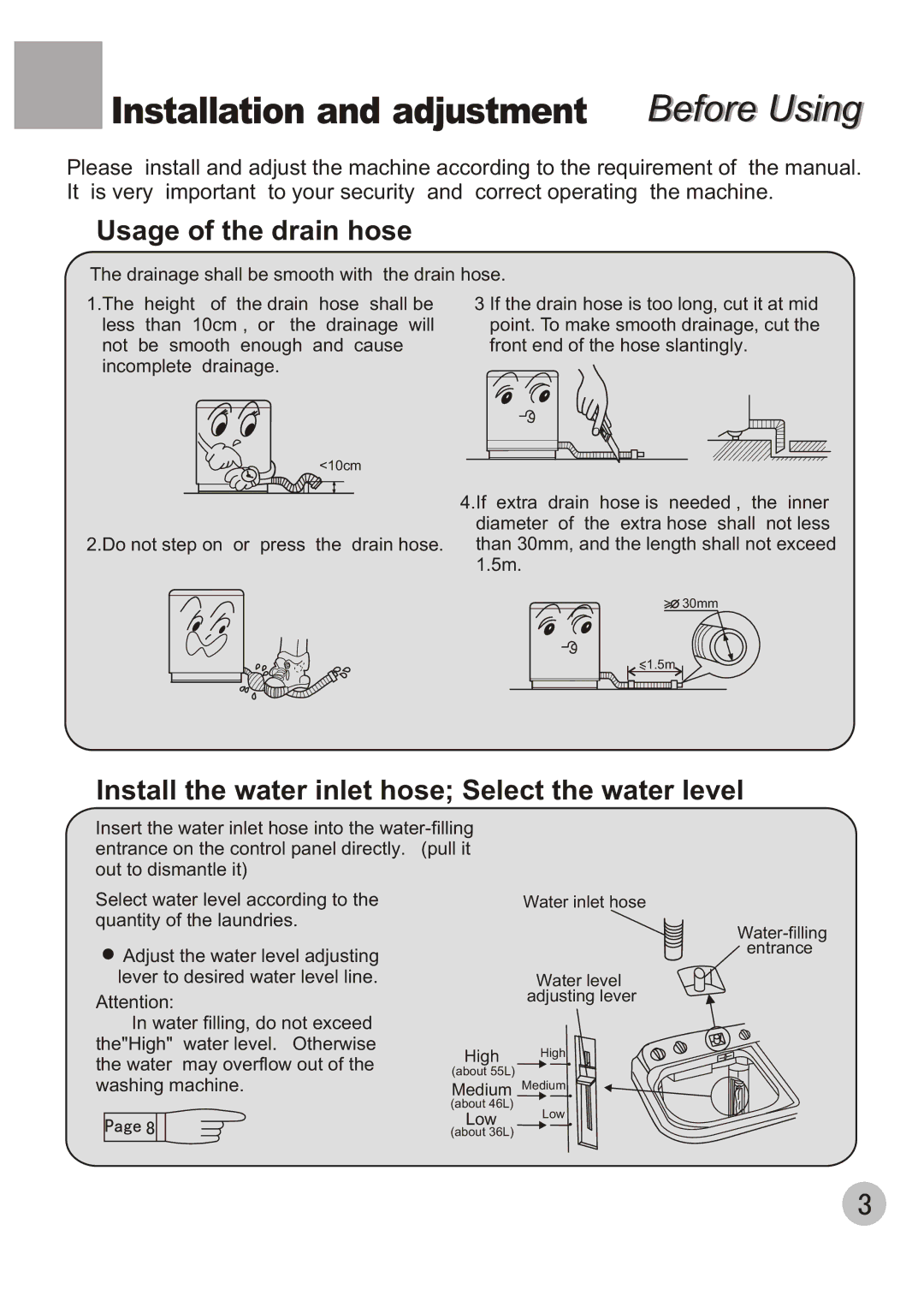 Haier XPB65-27QGS user manual Usage of the drain hose, Install the water inlet hose Select the water level 