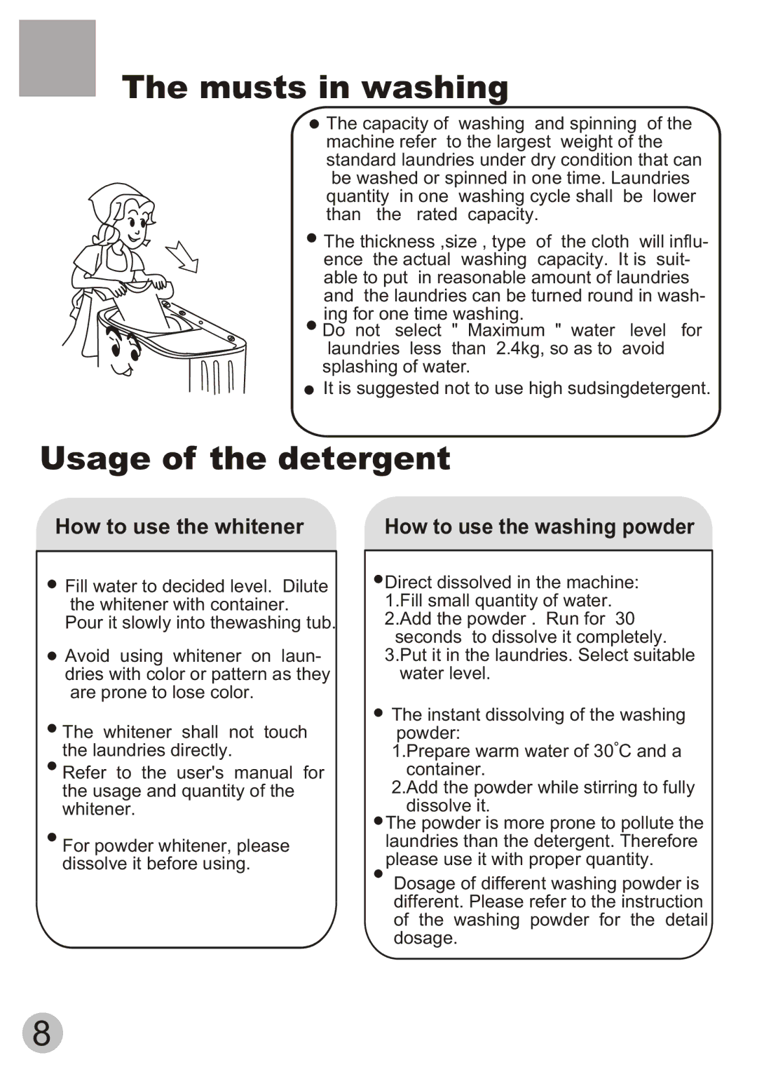 Haier XPB70-112S, XPB70-111S user manual Musts in washing, Usage of the detergent 