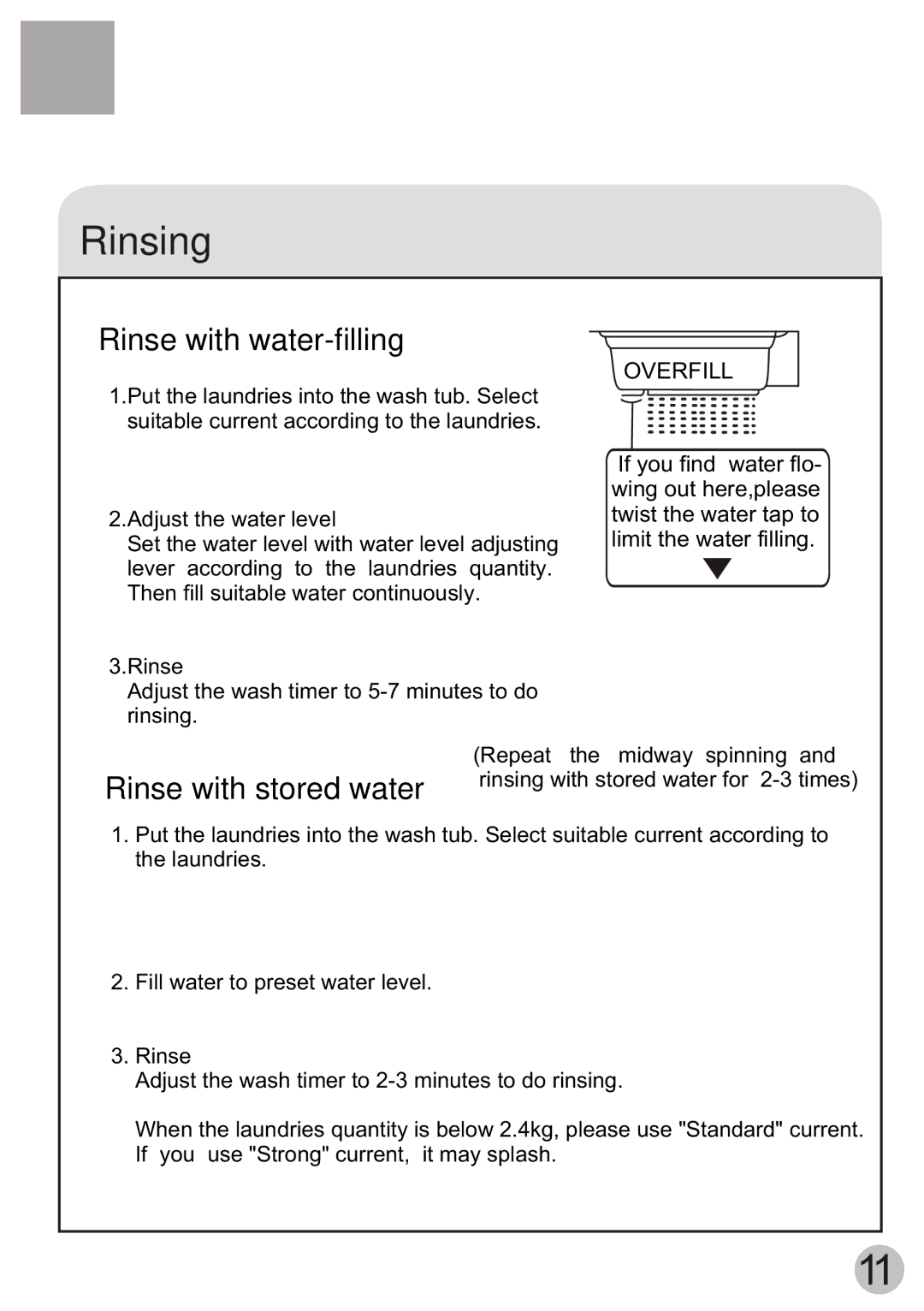 Haier XPB70-111S, XPB70-112S user manual Rinsing, Rinse with water-filling 