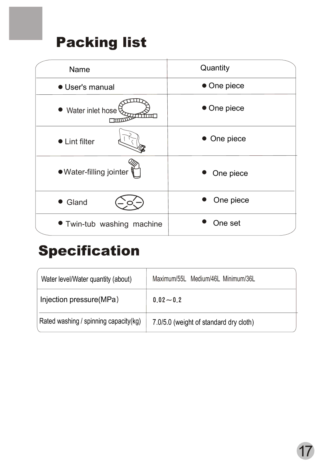 Haier XPB70-111S, XPB70-112S user manual Packing list, Specification 