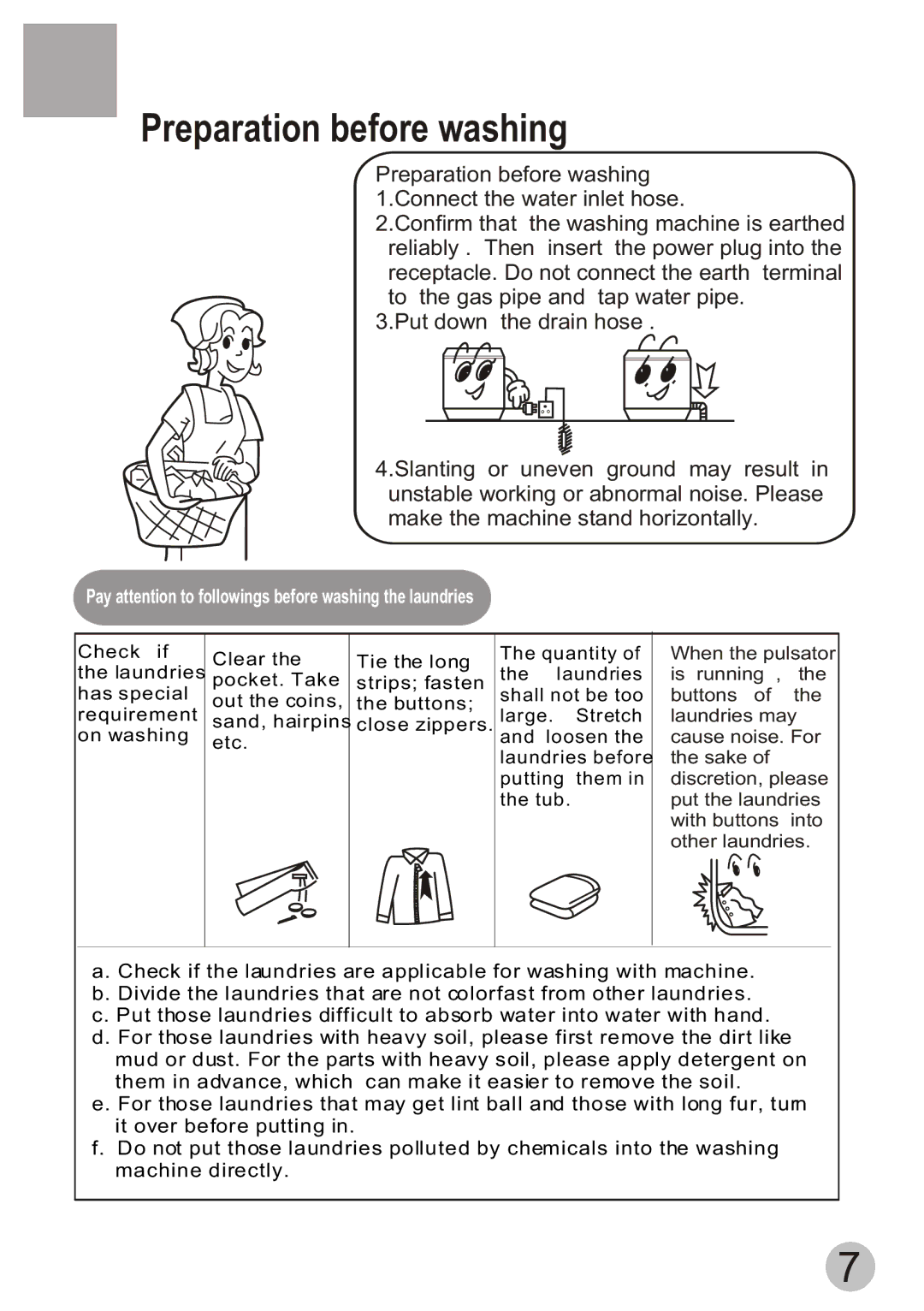 Haier XPB70-111S, XPB70-112S Preparation before washing, Pay attention to followings before washing the laundries 