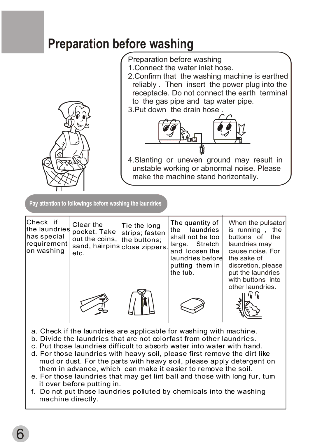 Haier XPB70-113S user manual Preparation before washing, Pay attention to followings before washing the laundries 