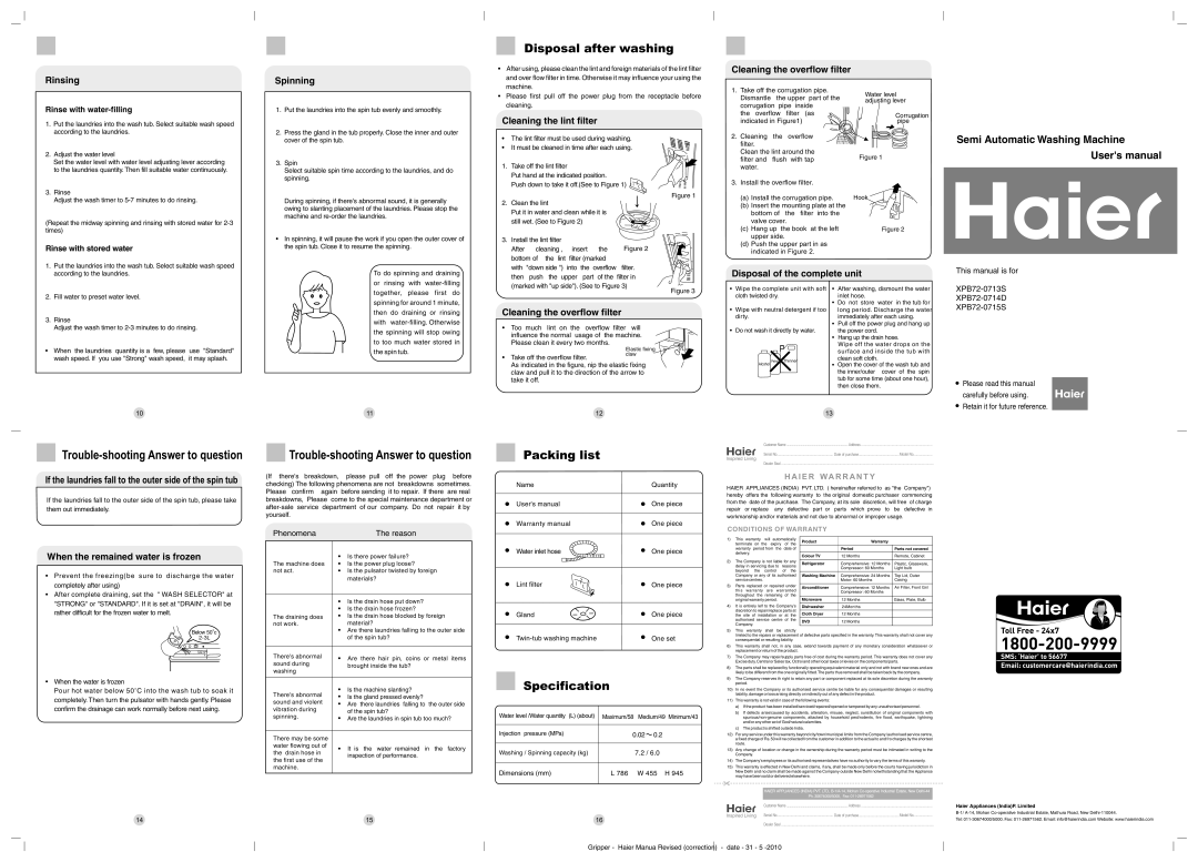 Haier XPB72-0715S, XPB72-0714D user manual Rinsing Spinning, Cleaning the overflow filter, Cleaning the lint filter 