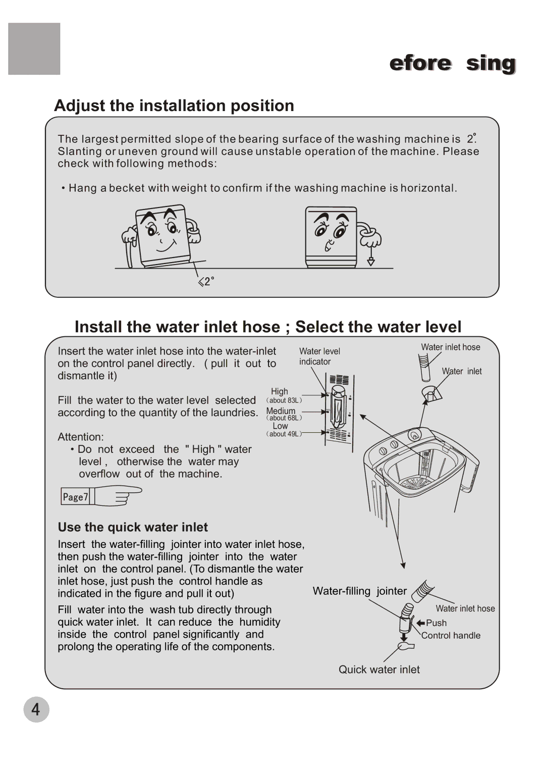 Haier XPB80-50 user manual Adjust the installation position, Install the water inlet hose Select the water level 