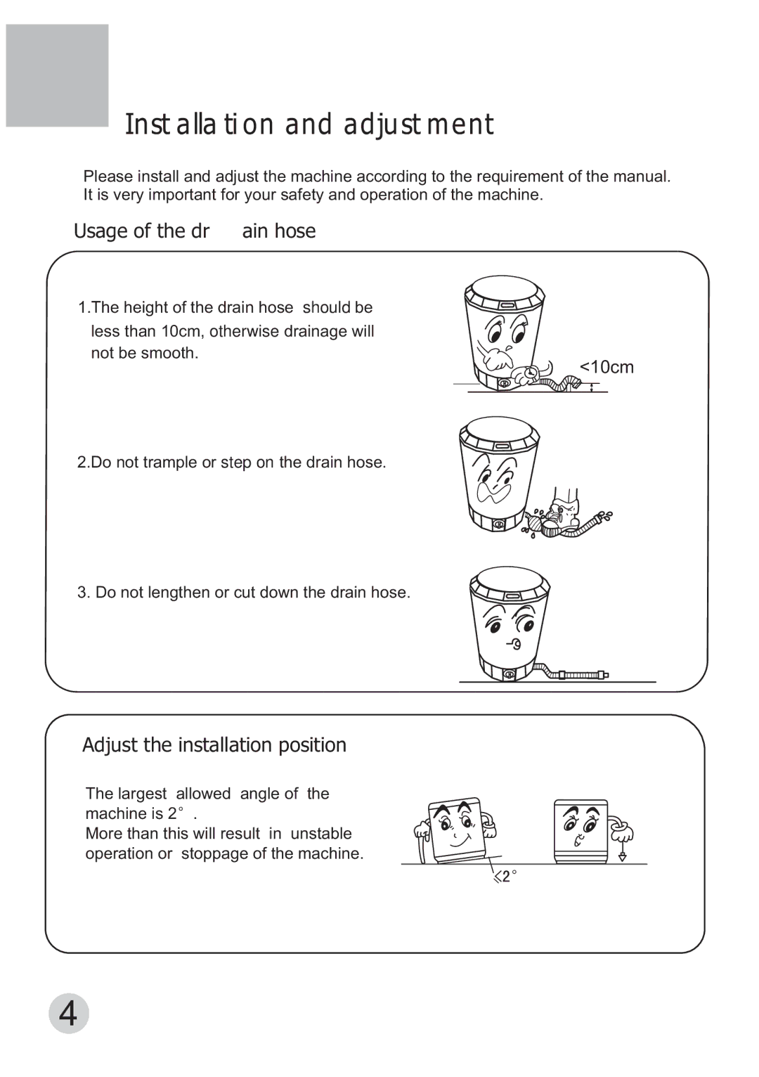 Haier XPBM15-0501 manual Installation and adjustment, Usage of the drain hose, Adjust the installation position 