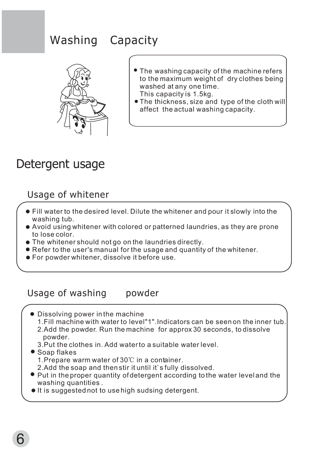 Haier XPBM15-0501 manual Detergent usage, Usage of whitener, Usage of washing powder 