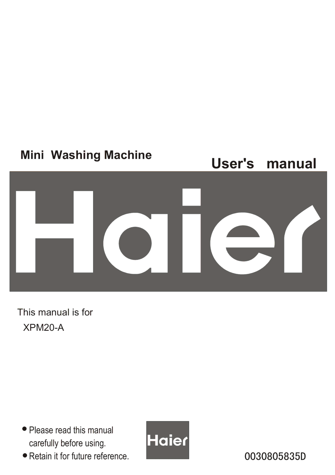 Haier XPM20-A user manual Mini Washing Machine 