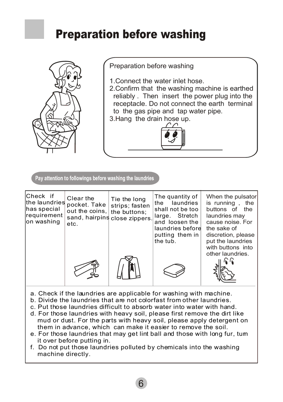 Haier XPM20-A user manual ´ Ç × ¼ ± ¸, Preparation before washing 