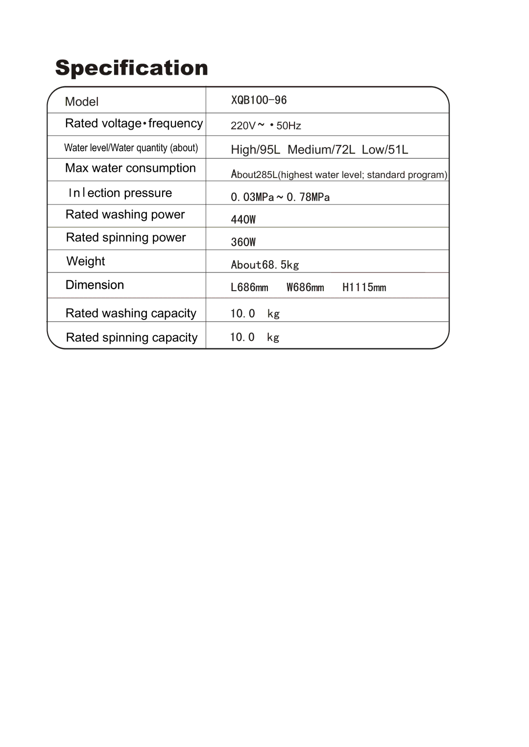 Haier XQB100-96 user manual Specification, High/95L Medium/72L Low/51L 