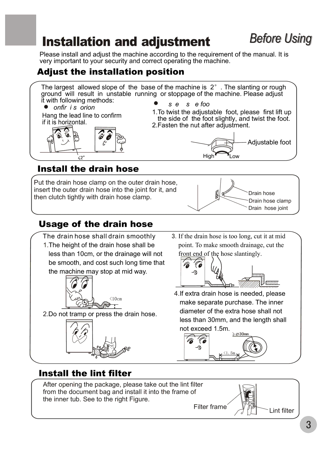 Haier XQB100-96 user manual Installation and adjustment, Before Using 