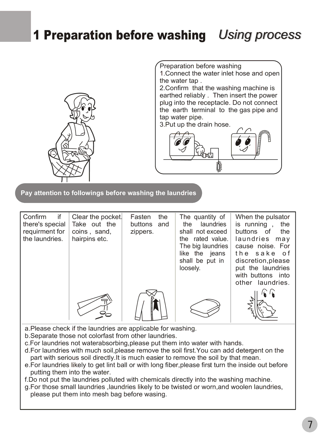 Haier XQB42-62 user manual Preparation before washing Using process 