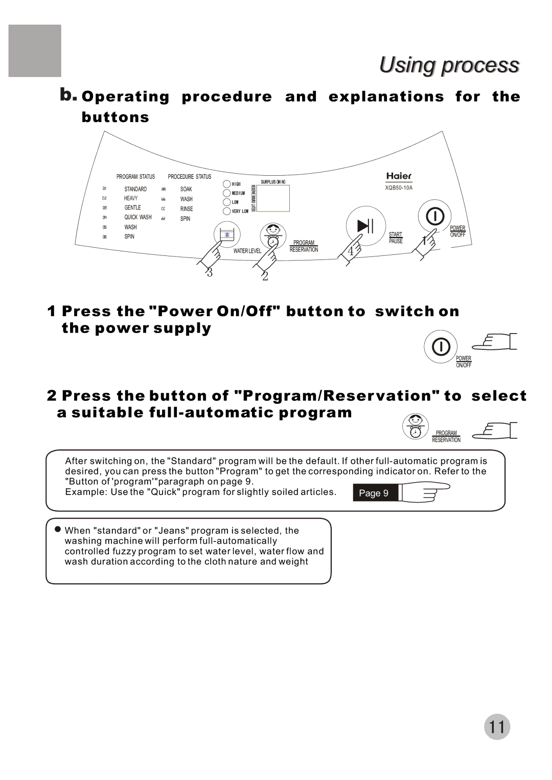 Haier XQB50-10A user manual Operating procedure and explanations for the buttons 