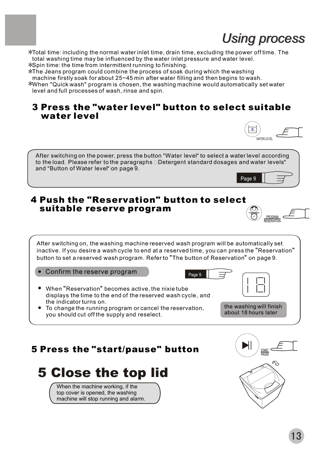 Haier XQB50-10A user manual Close the top lid, Press the water level button to select suitable water level 