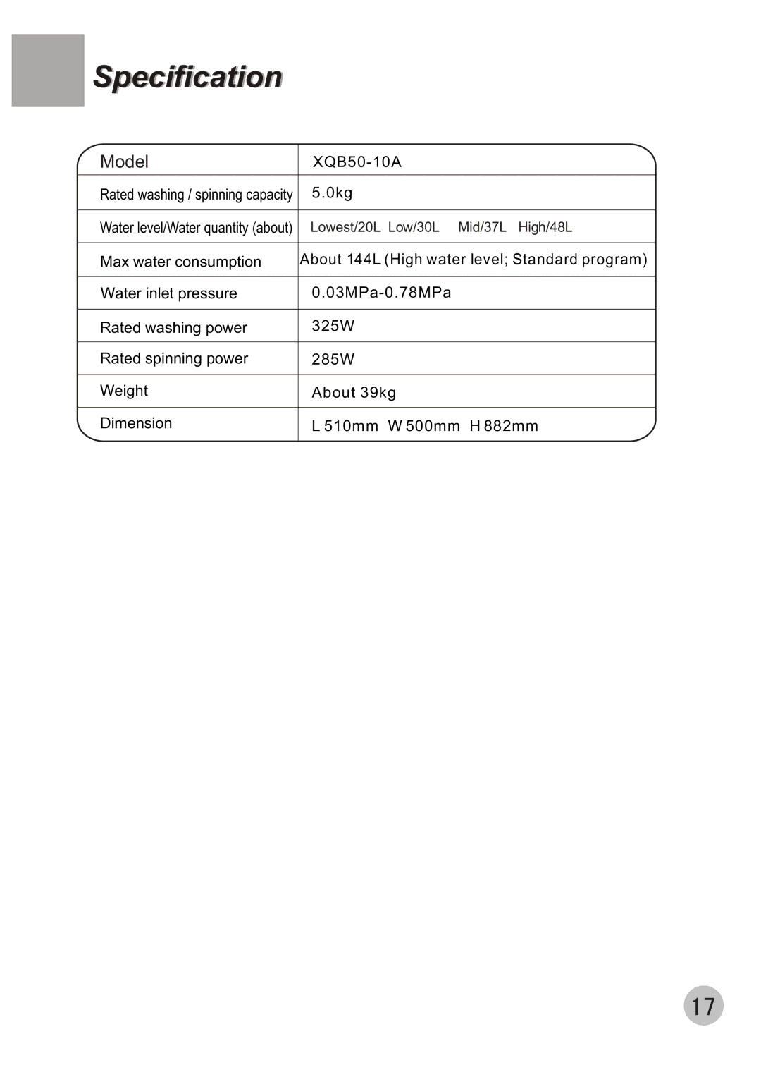 Haier XQB50-10A user manual Specification, Model 