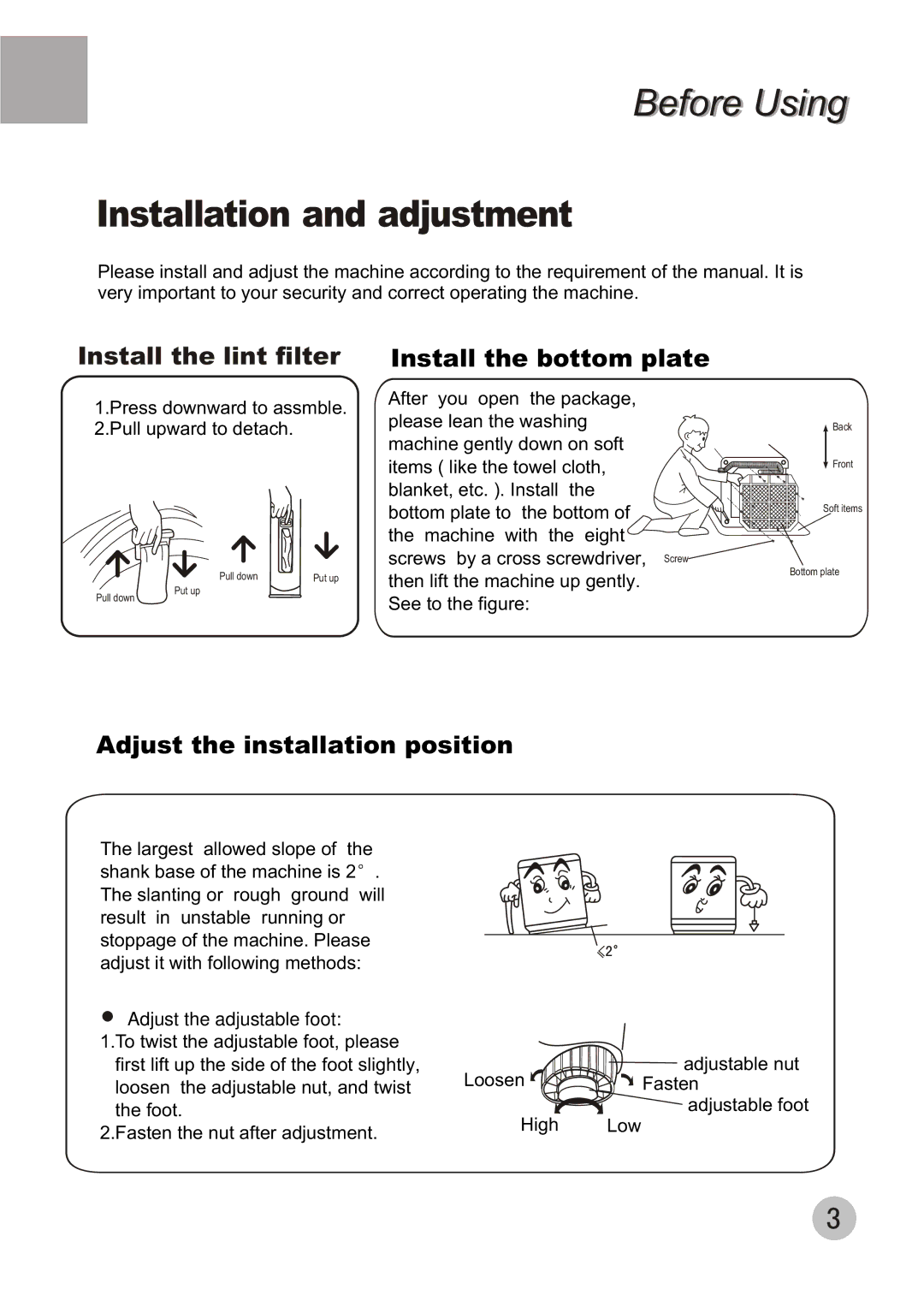 Haier XQB50-10A user manual Installation and adjustment, Install the bottom plate, Adjust the installation position 