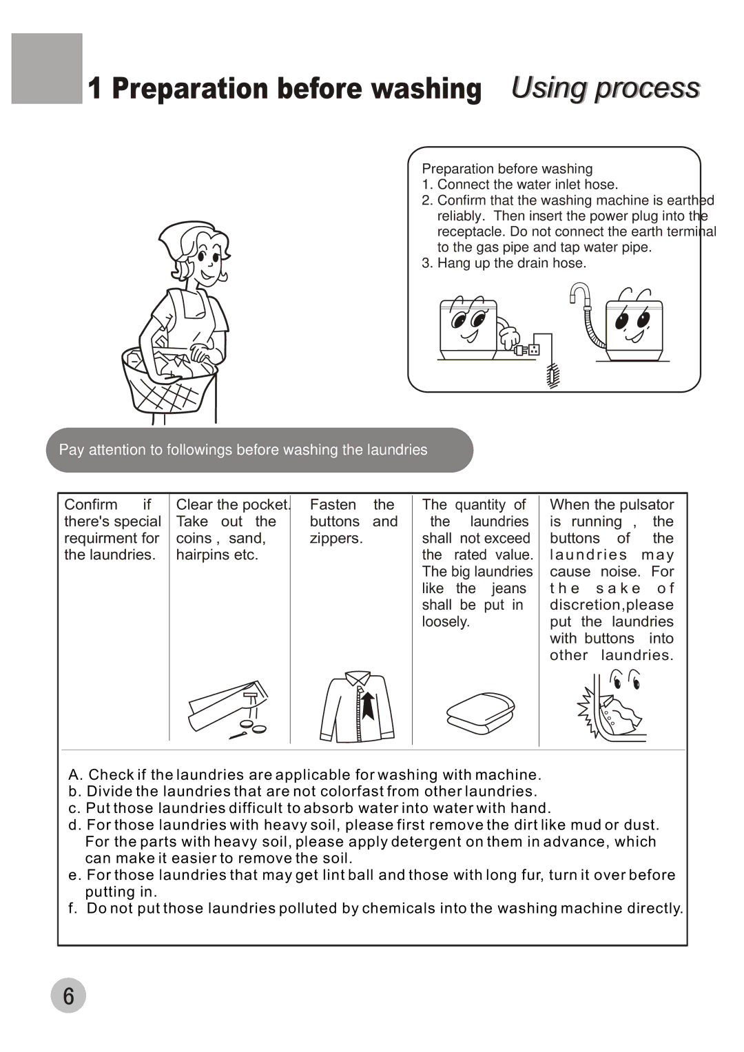 Haier XQB50-10A user manual Preparation before washing Using process 