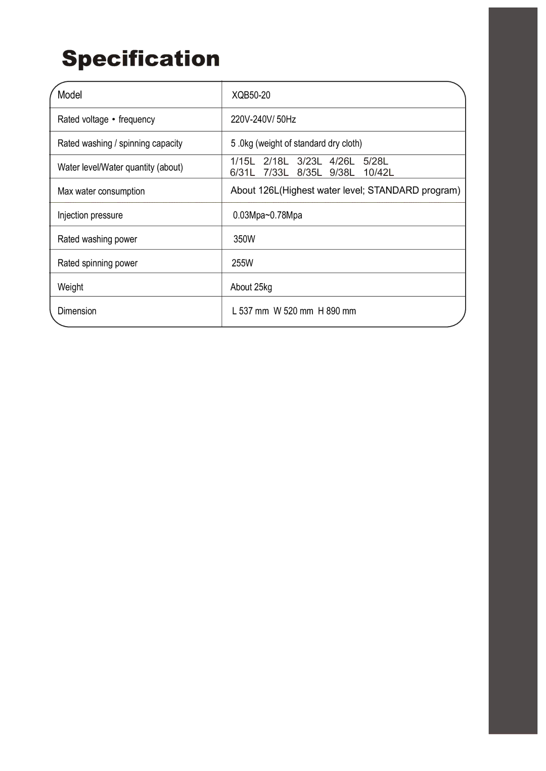 Haier XQB50-20 user manual Specification, Model 