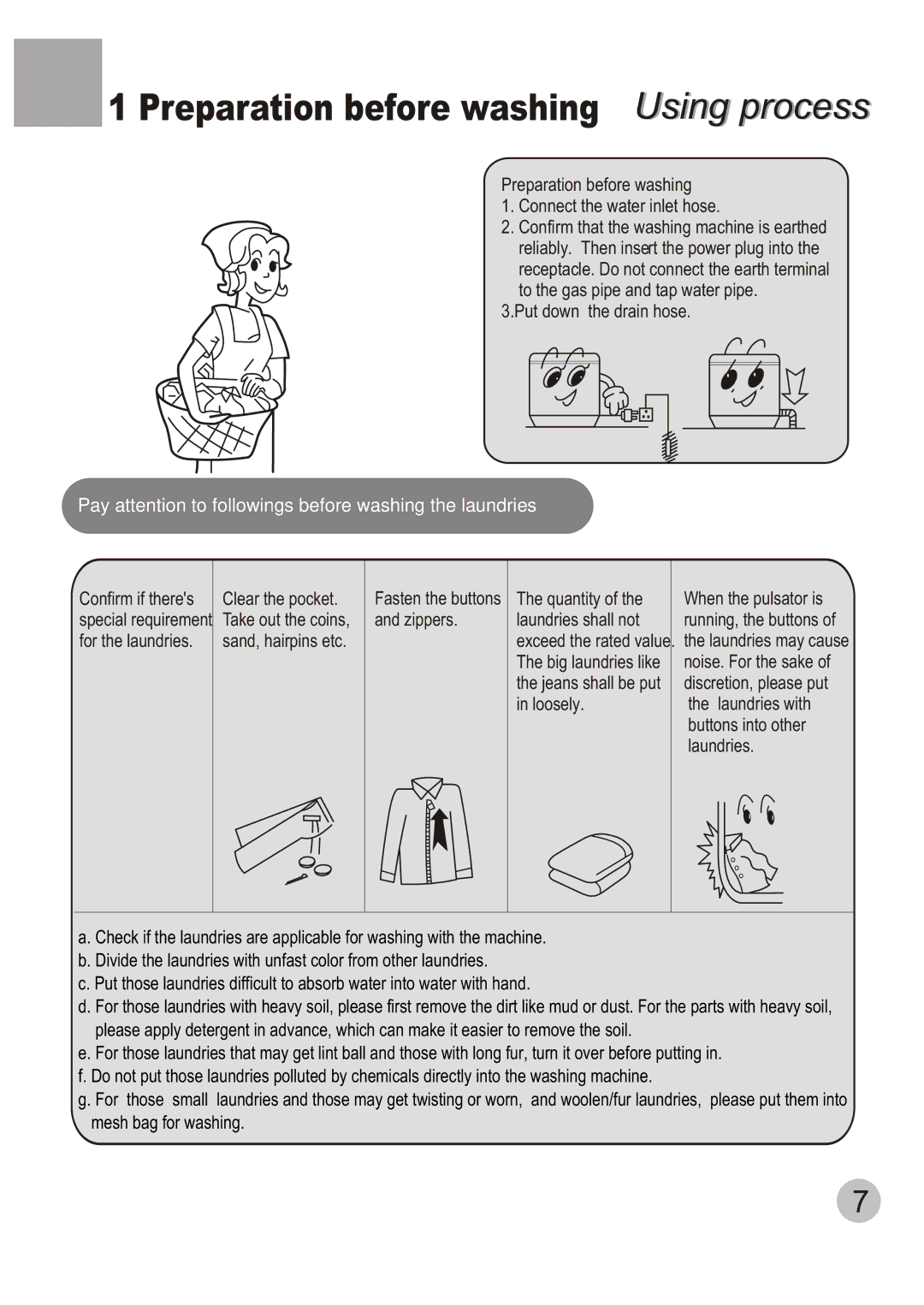 Haier XQB50-20 user manual Preparation before washing Using process 