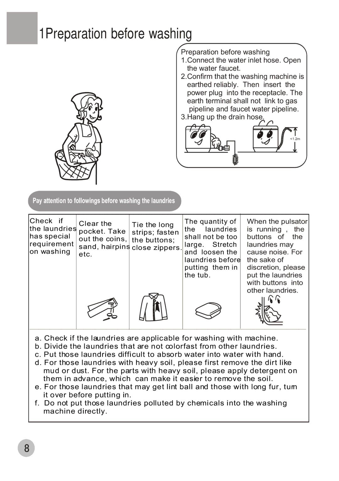 Haier XQB50-68 user manual 1Preparation before washing, Pay attention to followings before washing the laundries 