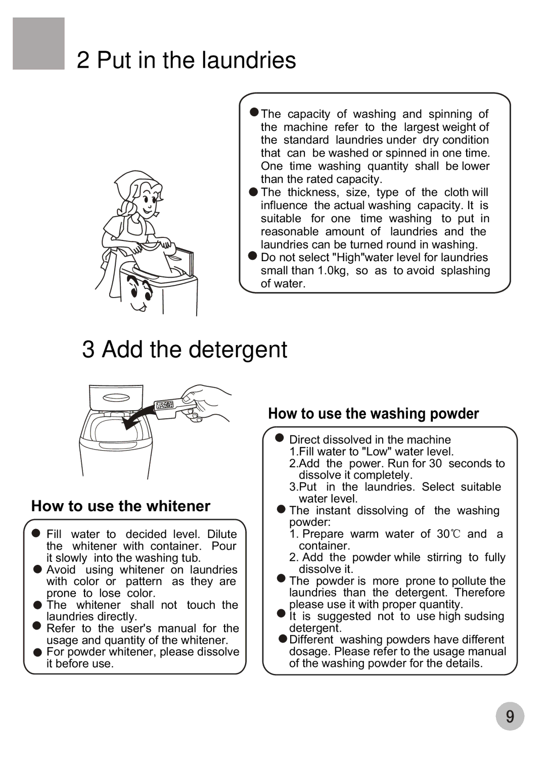 Haier XQB50-68 user manual How to use the whitener, How to use the washing powder 